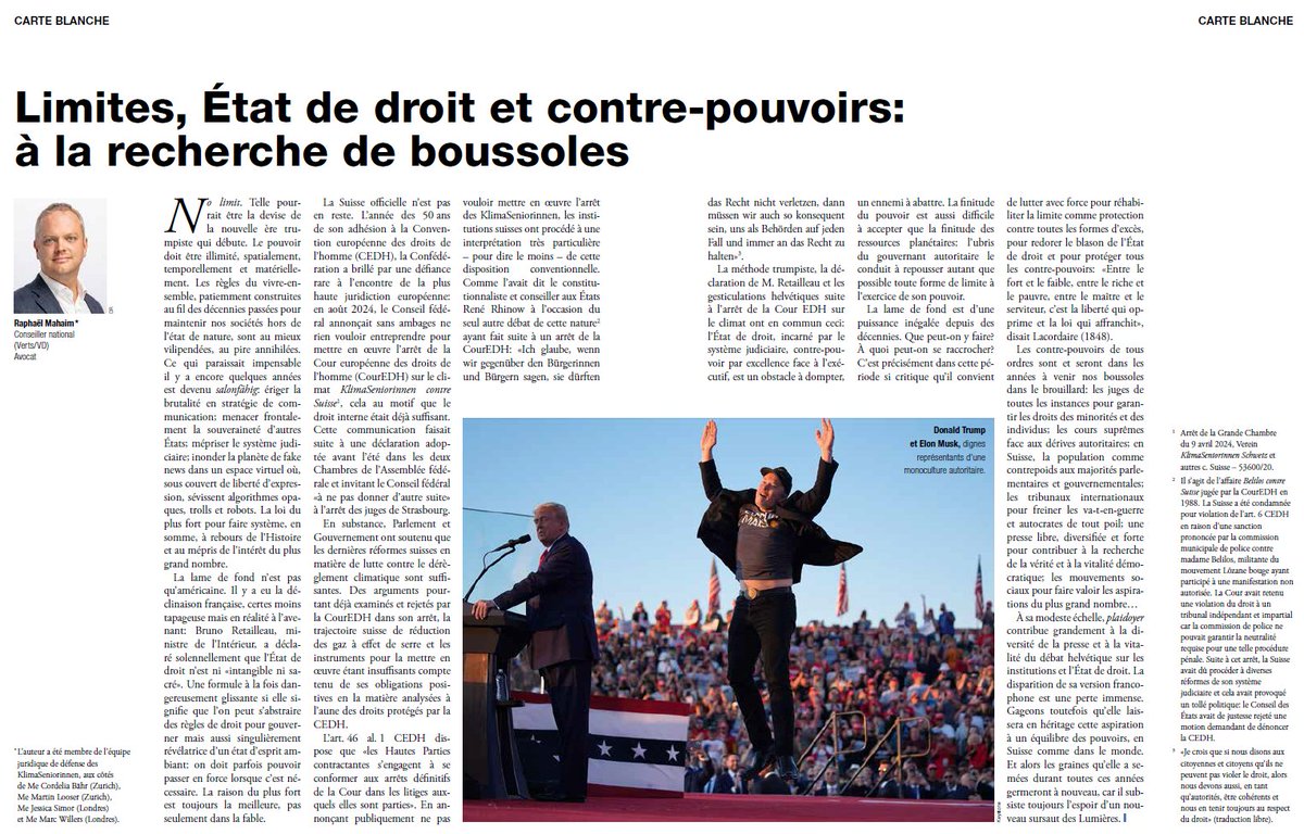 Nous vivons dans une nouvelle ère : c'est le retour de la loi du plus fort. Plus que jamais, l'Etat de droit et les contre-pouvoirs sont des remparts. 

📰 Ma carte blanche dans la revue Plaidoyer. 👇

plaidoyer.ch/article/artike…

#ÉtatDeDroit #Trump #CEDH #DroitInternational