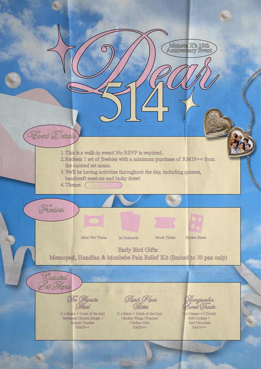 DEAR514_MY's tweet photo. #MonstaX 10th Anniversary Event
♡ Dear 514 ♡ 

☆ 10th May 2025 
☆ MoMo’s Kuala Lumpur
☆ 11:30am - 5pm

— disclaimer : This is not a cupsleeve event. This is a fan gathering organized for monbebes to casually meet-up and connect  ⋆˚𝜗𝜚˚⋆

#Dear514WithLove
@OfficialMonstaX https://t.co/TgJ6s39ngx