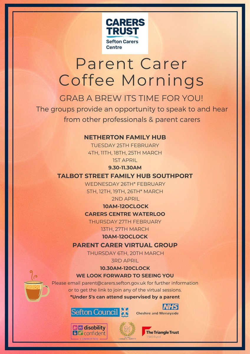 Please take a look at our Parent Carer Group dates through the next few weeks and come join us in Waterloo, Southport and/or online for advice, guidance and the chance to meet parents potentially sharing similar experiences. See buff.ly/3Ezw0YU #ParentCarer #SEND