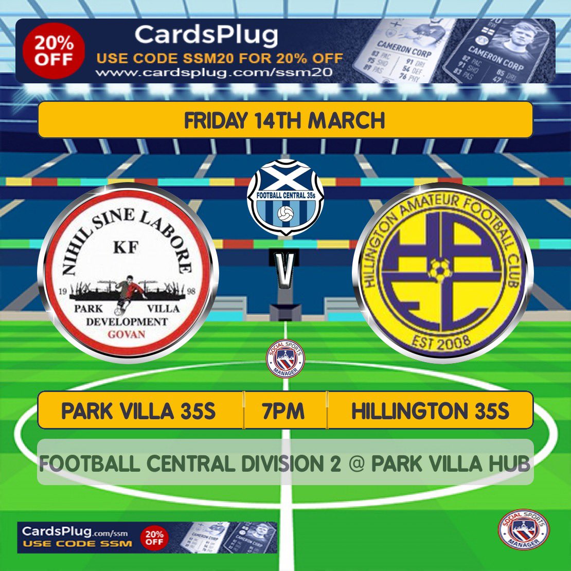 <a href="/AfcHillington/">Hillington AFC</a> <a href="/centregions35s/">Football Central 35s</a> <a href="/scottish_aff/">AmateurFixturesResultsSCO</a> 
Hillington make the short journey to Villa park hub for tonight’s league fixture v <a href="/Parkvilla35s/">Park Villa 35s</a> 💛💙