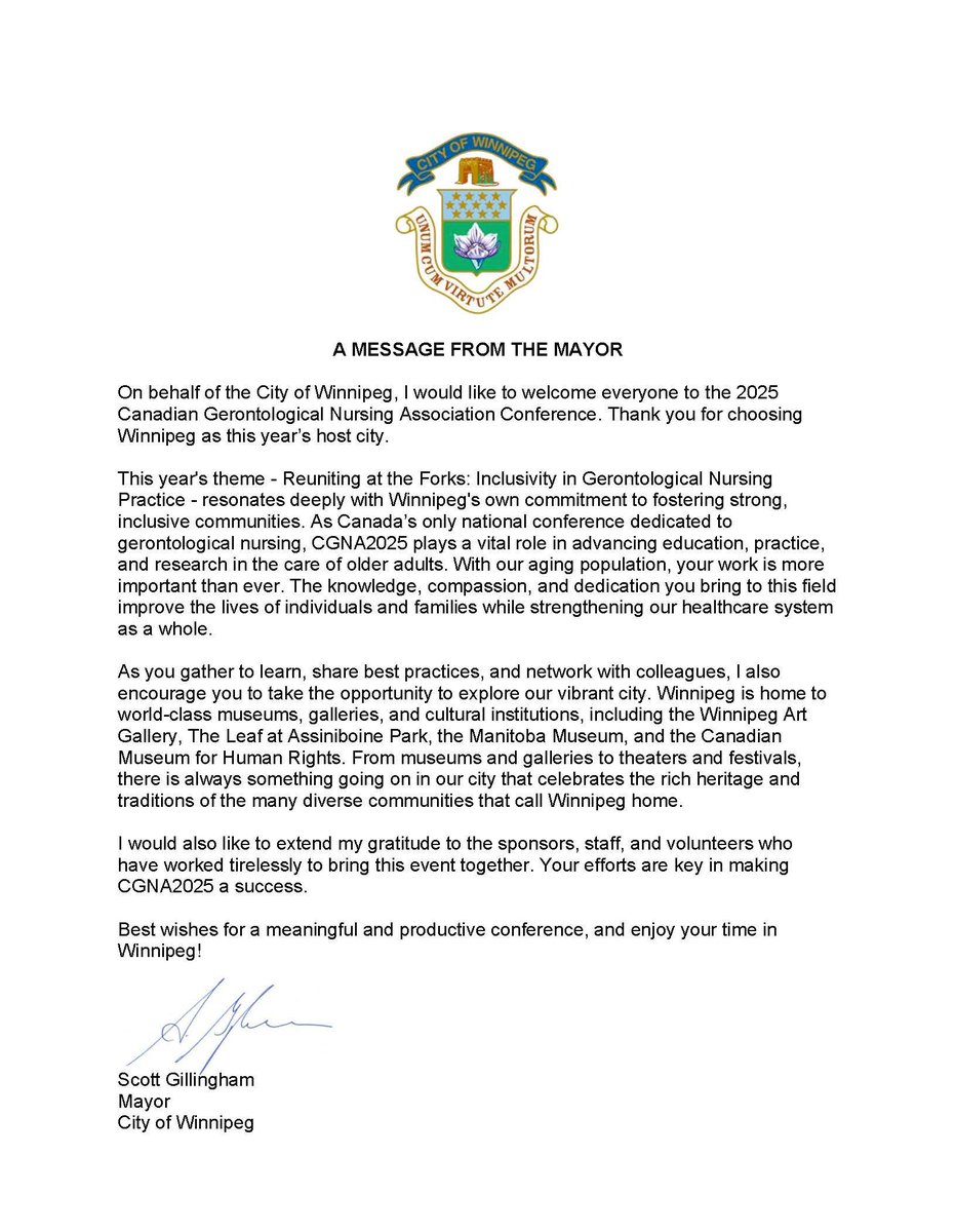 Canadian Gerontological Nursing Association (@cgna_ca) on Twitter photo Our great thanks to His Worship <a href="/ScottGillingham/">Mayor Scott Gillingham</a>, Mayor of <a href="/cityofwinnipeg/">City of Winnipeg</a>, for his kind words of welcome to our #CGNA2025 delegates! Registration is open and the full conference program is available at CGNA2025.ca Our great thanks to His Worship <a href="/ScottGillingham/">Mayor Scott Gillingham</a>, Mayor of <a href="/cityofwinnipeg/">City of Winnipeg</a>, for his kind words of welcome to our #CGNA2025 delegates! Registration is open and the full conference program is available at CGNA2025.ca