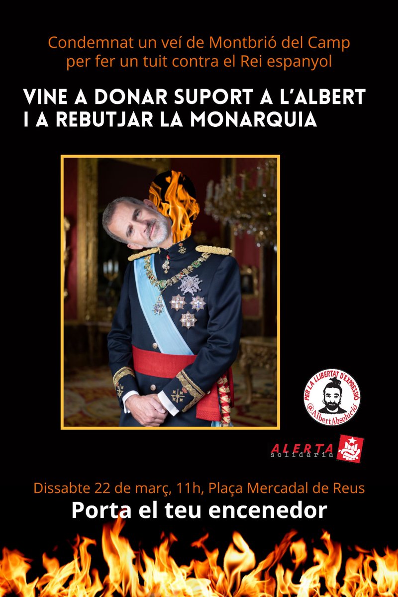 Des del grup d suport ens fan arribar: Davant la resolució rebuda aquesta setmana, on es condemna a l'Albert, no podem quedar-nos callades. És per això que us convoquem a totes el proper dissabte 22 de març a les 11h a la Plaça Mercadal de Reus! 
Albert absolució!✊🏼 #coronaciao