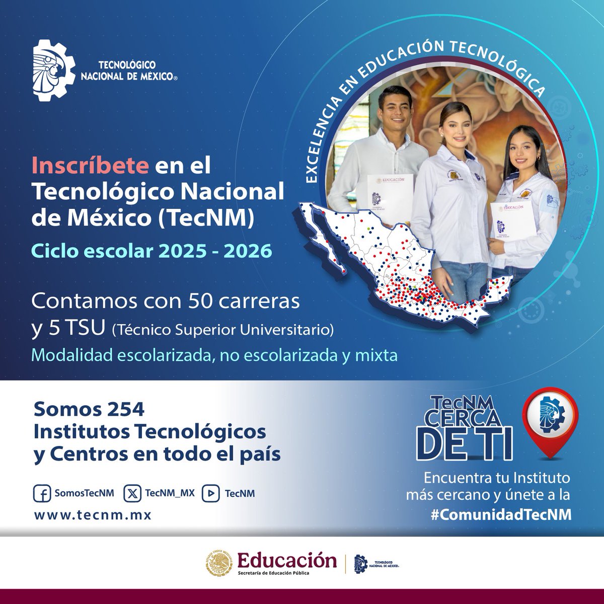 ¡Construye tu futuro profesional en el TecNM!🎓  

Contamos con 50 carreras de licenciatura y tres modalidades de estudio: 
✅ Escolarizada  
✅ No escolarizada  
✅ Mixta  

 🔗 ¡Consulta nuestra oferta educativa y asegura tu lugar! 👉🏼 tecnm.mx/?vista=Admision 

No