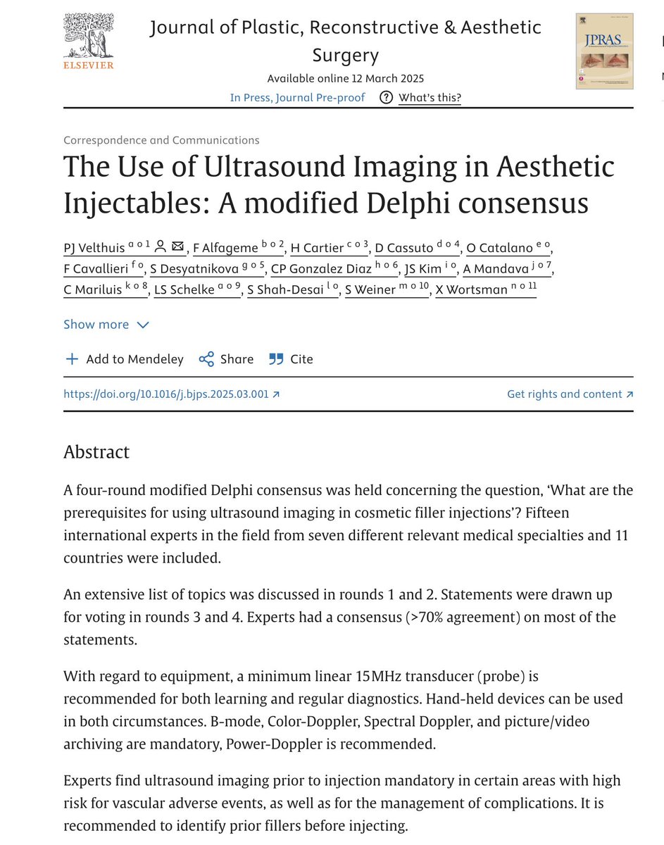 📢 Expert Consensus on Ultrasound in CosmeticInjectables! 🩺✨
A four-round Delphi study brought together 15 internationalexperts from 11 countries to define the prerequisites forusing ultrasound imaging in cosmetic filler injections. Key takeaways:
✅ A 15 MHz linear probe is