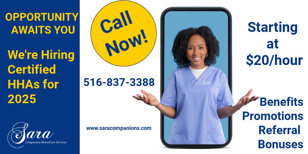 ARE YOU A CERTIFIED NYS HHA WITH 1+ YEAR OF EXPERIENCE LOOKING FOR AN AGENCY WITH MANY CASES?

Call 516-837-3388, fill in a form at saracompanions.com/home-care-care… or apply on Indeed.  Thank you.