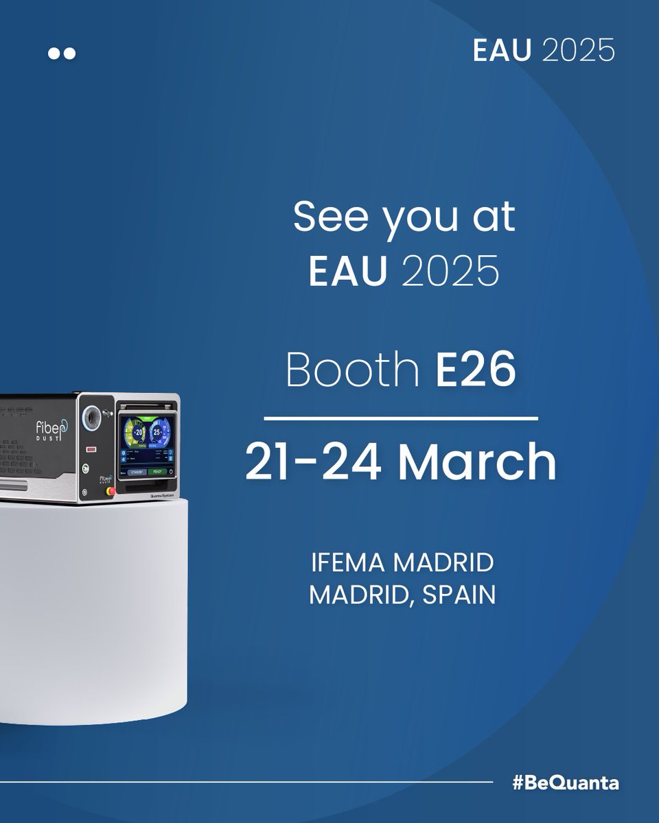 Hey, countdown’s on! ⏳ Only 10 days to go until the 40th Annual EAU Congress!

Make your Quanta Laser Choice at #EAU25 🇪🇸

📍Madrid, IFEMA
📅 21 - 24 March
🏠 Booth E26

See you there! 👀

#quantasystem #lasertreatment #meetyourlaser #yourlaserchoice #bequanta #UrologyInnovation