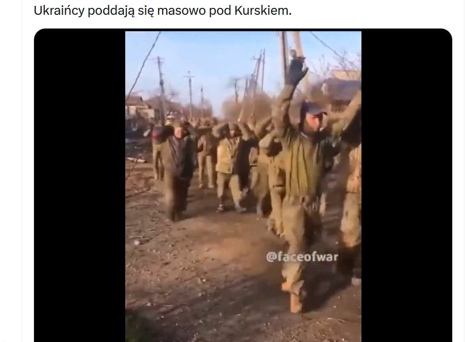 PAPFakeHunter's tweet image. Czy to ukraińscy żołnierze, którzy masowo poddają się w obwodzie kurskim?

❌ wprowadzanie w błąd

Werdykt: #FakeNews
Raport 👉 tinyurl.com/y8s9c8js

#FakeHunter #UkraineRussiaWar #Kurskregion