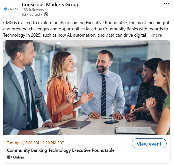 I am excited to share that I will be speaking at this event on April 1!  It is essential for community banks to utilize technology to both improve employee productivity and to enhance its value proposition to clients. 

Please reach out if your are interested in attending.