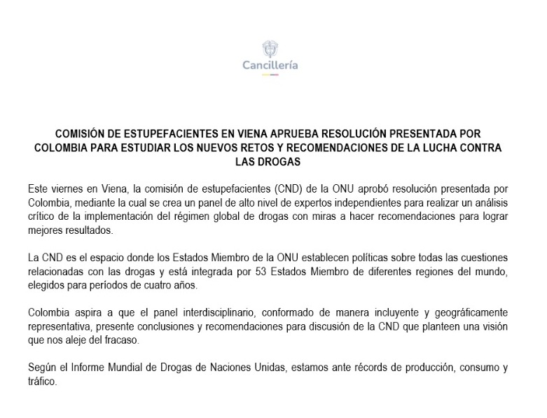 Comisión de Estupefacientes en Viena aprueba resolución presentada por Colombia para estudiar los nuevos retos y recomendaciones de la lucha contra las drogas