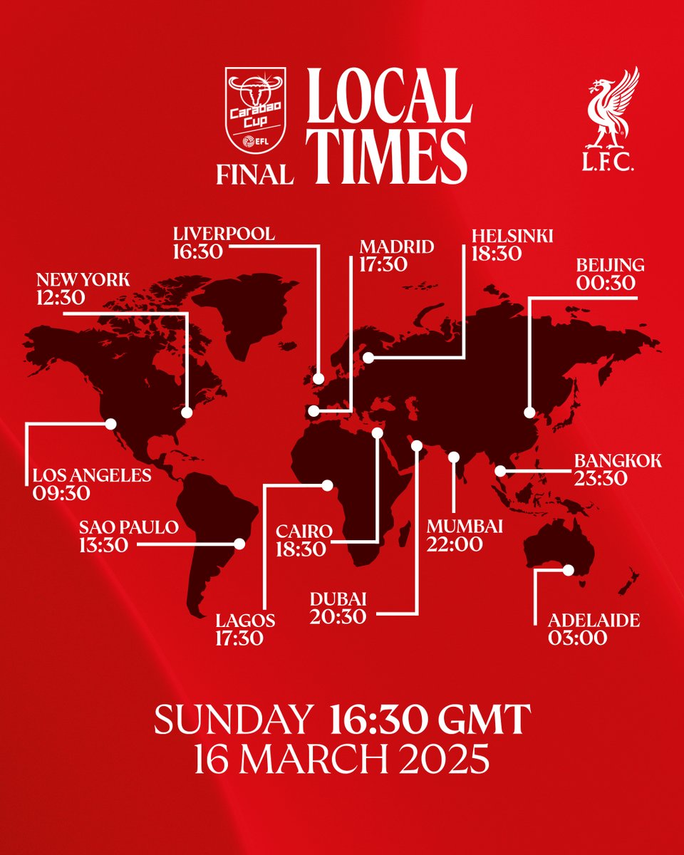 Reds across the globe are preparing for the #CarabaoCupFinal 🌍

Did you know we have over 300 Official Supporters Clubs around the world? 🤔

Find your local LFC community 🔴
➡️ lfc.tv/4iO2oFL