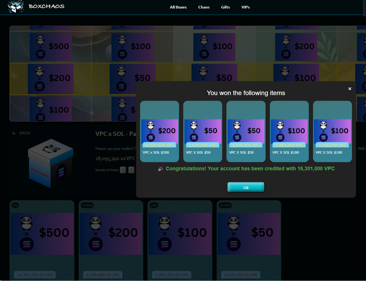 MumtazZee's tweet photo. Massive win! ๐ Just scored $500 worth of rewards on BoxChaos! ๐ฅ 16,301,000 VPC added to my account! Who's next to hit big? ๐๐ฐ #CryptoWins #LuckyDay.
#Boxchaos #VPC #Crypto #BlindBox #CryptoRewards
@voidpandacoin https://t.co/zqDoPZlNWj