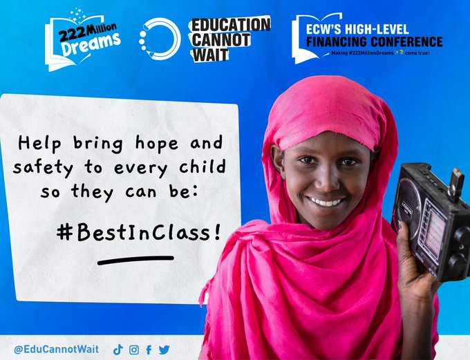 There is no dream more powerful than that of an #education!

Calling on public &amp; private sector donors to join #ECW in helping crisis-affected girls &amp; boys achieve their dreams! 

Help them have the chance to be #BestInClass!
Their #EducationCannotWait!

#UN <a href="/cidcaofficial/">CIDCA</a>