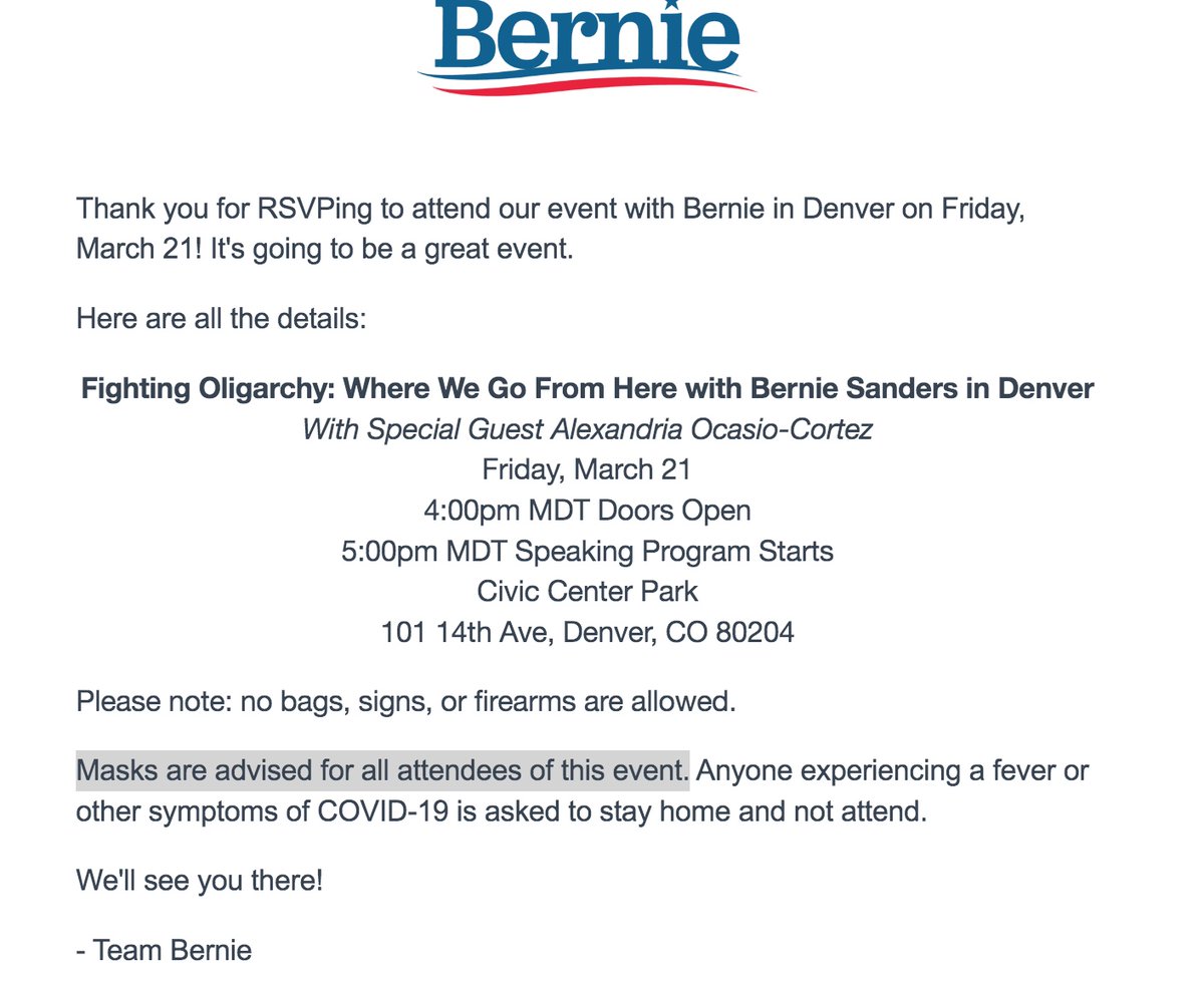 redsteeze's tweet image. Sent from a friend. Bernie's speaking tour is advising everyone in attendance to wear masks. This is an outdoor event.