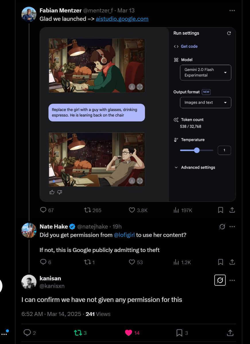 Copyright &amp; antitrust lawyers take note! 👇

Google released its new "AI Studio" -- and Google employees are throwing a pirate party on social media 🏴‍☠️

Google employees like <a href="/mentzer_f/">Fabian Mentzer</a> are *actively* encouraging the use of the tool as a copyright &amp; trademark theft machine 

This