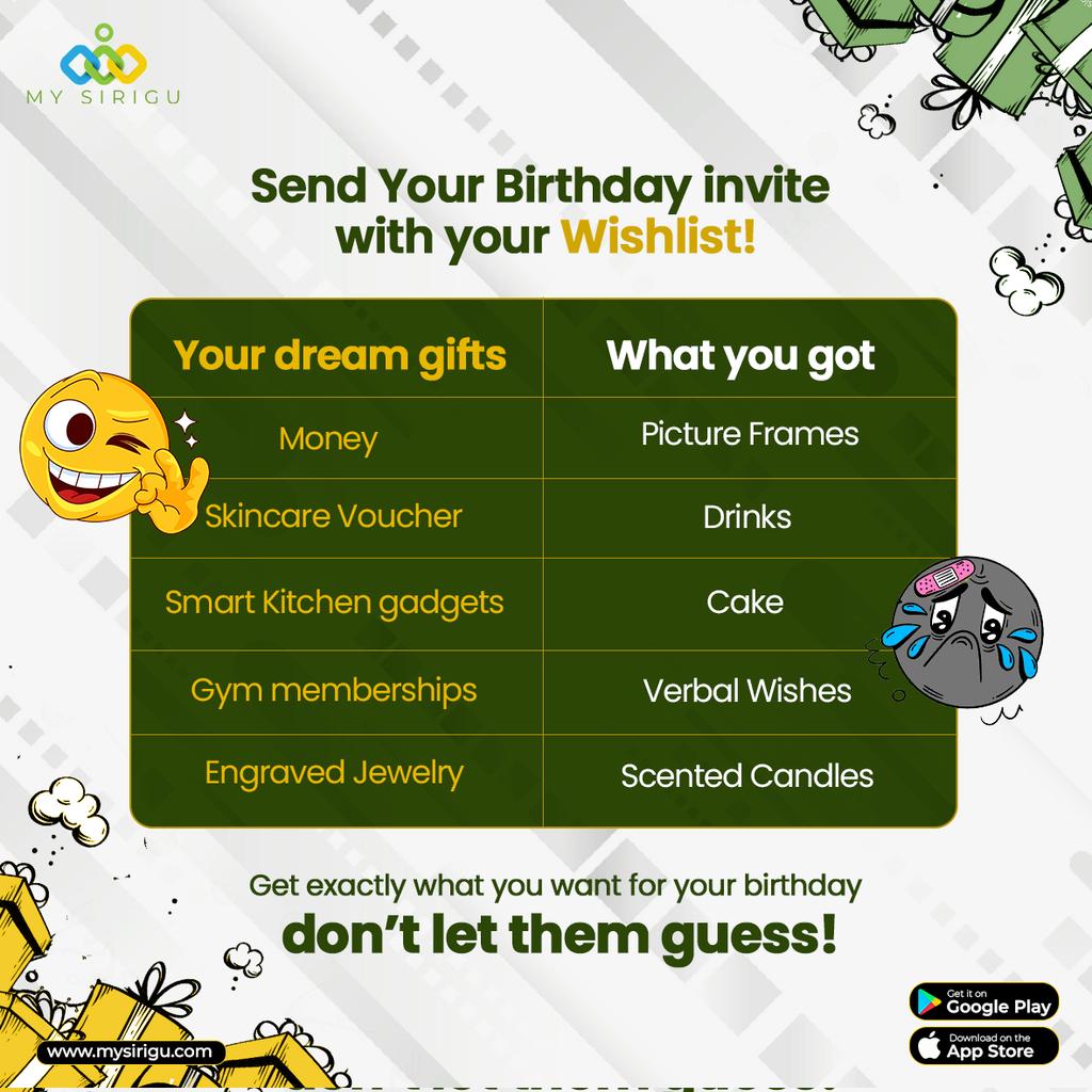 MySirigu's tweet photo. Tired of random birthday gifts?
With Mysirigu, send your invite & share your gift wishlist — all in one app! 🎉🎁
Get the gifts you actually love. Download Mysirigu today!
#Mysirigu #GiftWishlist #PerfectGifts #giftingapp #fyp #trending https://t.co/6xhiNUCgeE