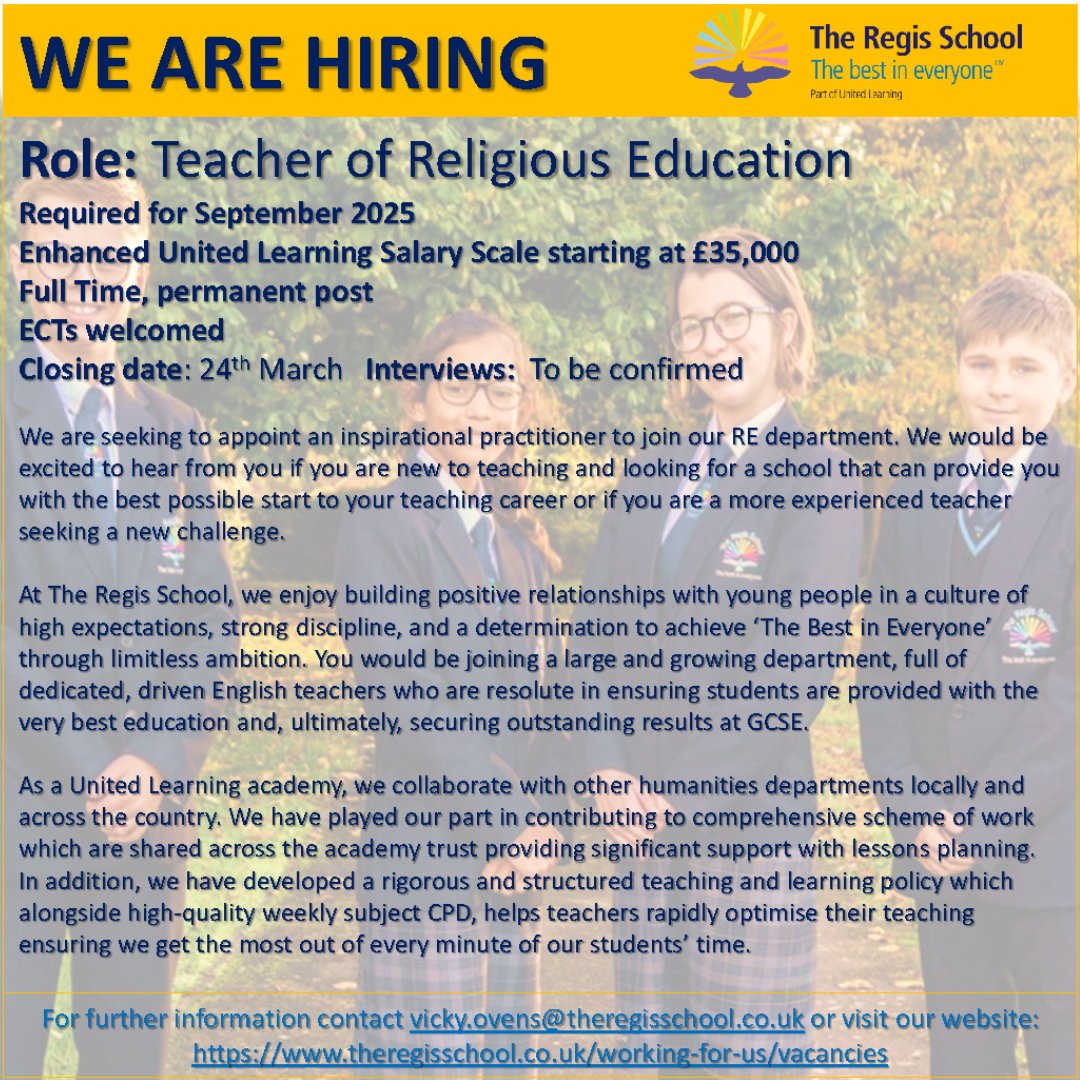 We are seeking to appoint an inspirational practitioner to join our RE department. We would be excited to hear from you if you are new to teaching or if you are a more experienced teacher seeking a new challenge.
theregisschool.co.uk/working-for-us…