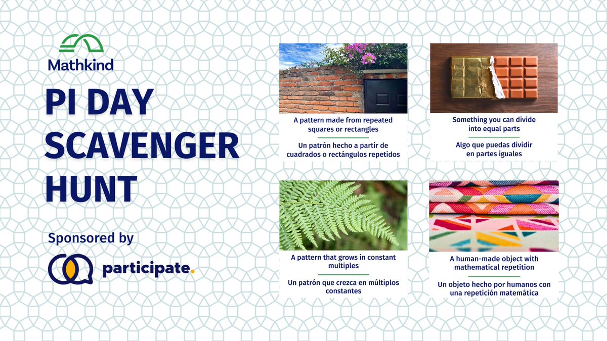 Ready to take on a fun #PiDay challenge? 🔎 This year our scavenger hunt is all about discovering patterns in the world around you!

Check out our list of 12 clues. Snap photos that match and share your discoveries! tinyurl.com/2n7p4sua

Huge thanks to sponsor <a href="/participate/">Participate</a>!
