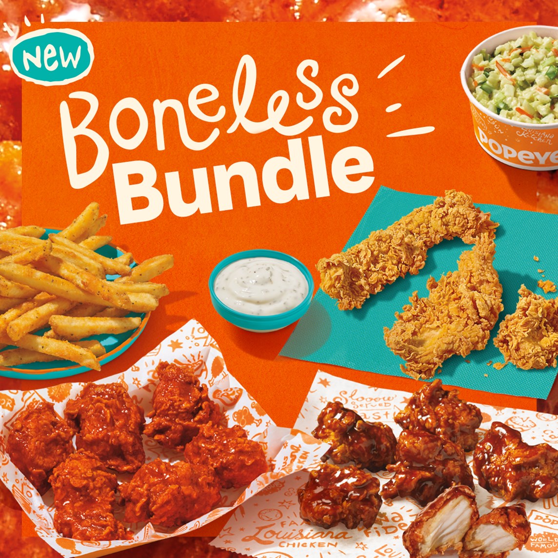 Popeyes's tweet photo. @ervsmitty Feed your watch party crew without the hassle with the Boneless Bundle for $14.99! Don’t forget to make your sauce brackets so our signature flavors can compete for the title 🍗🏀At part. US rest. Price may vary. Terms apply.

Reply #stop to opt-out. https://t.co/eheJwPV7Hc