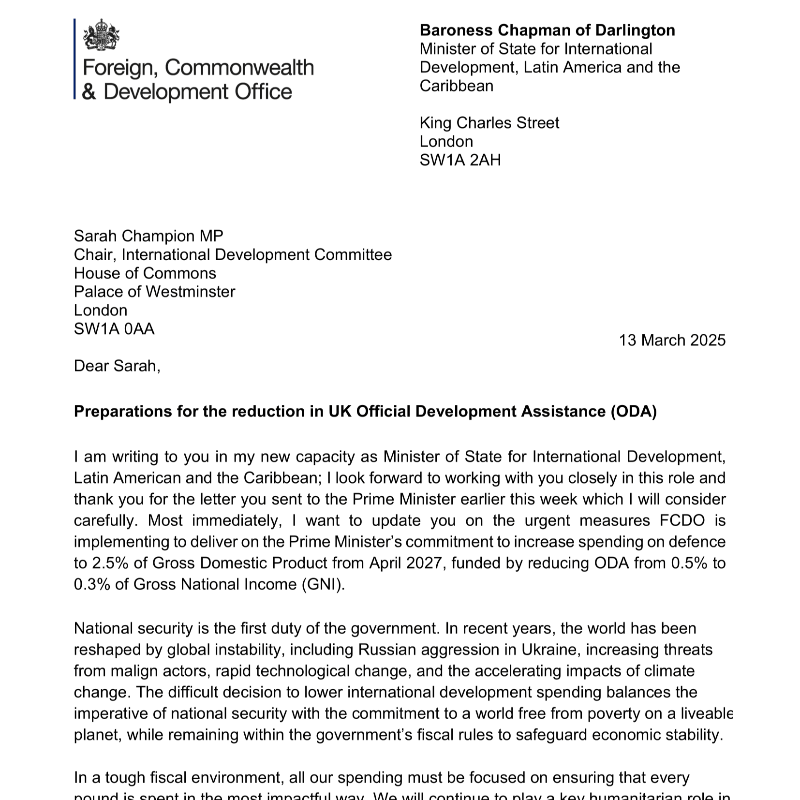 CommonsIDC's tweet photo. We have published a letter from the new Development Minister, @JennyChapman, outlining the Government's initial preparations for the reduction in UK aid spending from 0.5% to 0.3% of GNI by 2027.

Read the letter👇