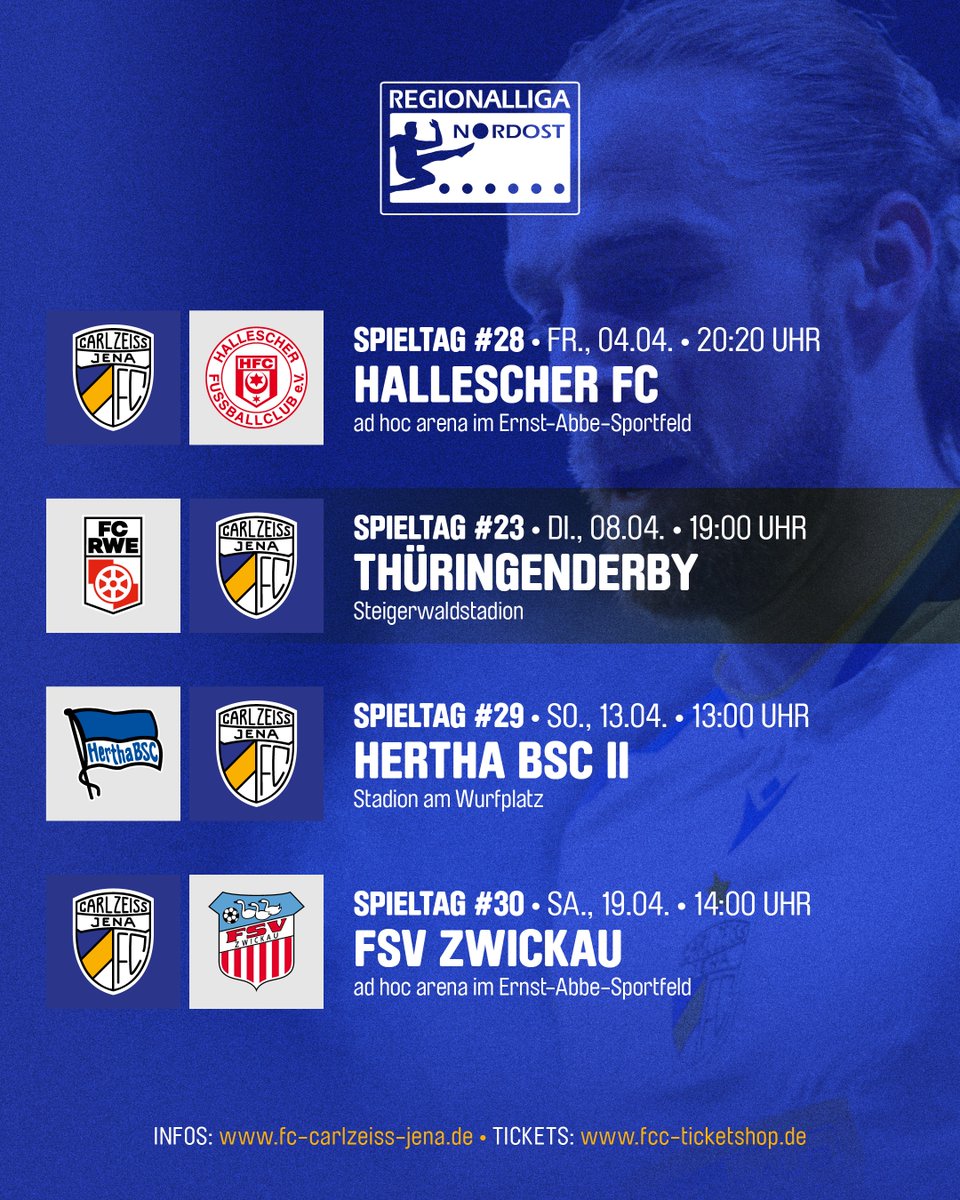 fccarlzeissjena's tweet photo. 📆 𝐔𝐏𝐃𝐀𝐓𝐄: 𝐒𝐏𝐈𝐄𝐋𝐓𝐀𝐆𝐄 𝟐𝟖 𝐛𝐢𝐬 𝟑𝟎
▶ 4.4. • 20:20 Uhr vs. Hallescher FC (H)
▶ 13.4. • 13 Uhr vs. Hertha BSC II (A)
▶ 19.4. • 14 Uhr vs. FSV Zwickau (H)
#FCC #MehrAlsFussball #fccarlzeissjena #jena #adhocarena #ernstabbesportfeld #nofv #regionalliga https://t.co/Ep3DcF3IlZ