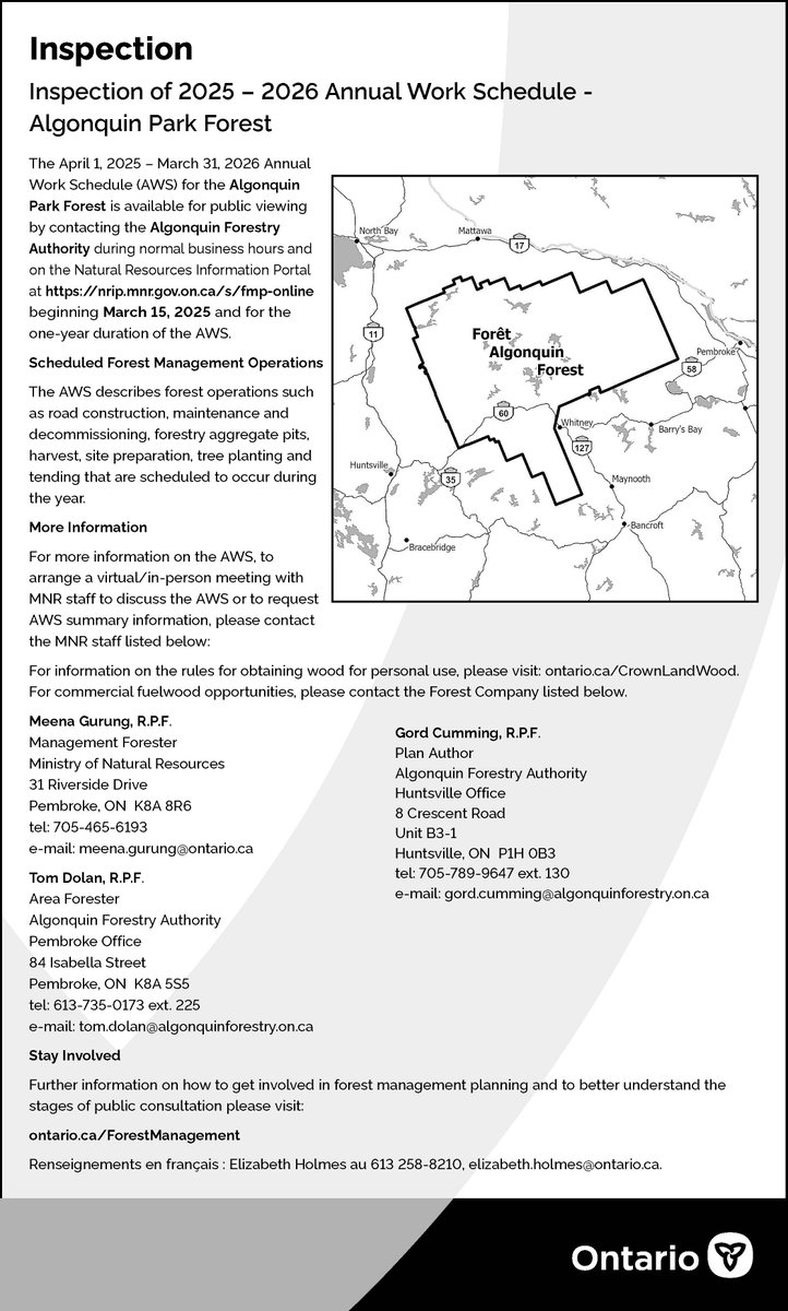 Inspection of the 2025/26 Annual Work Schedule for the Algonquin Park Forest