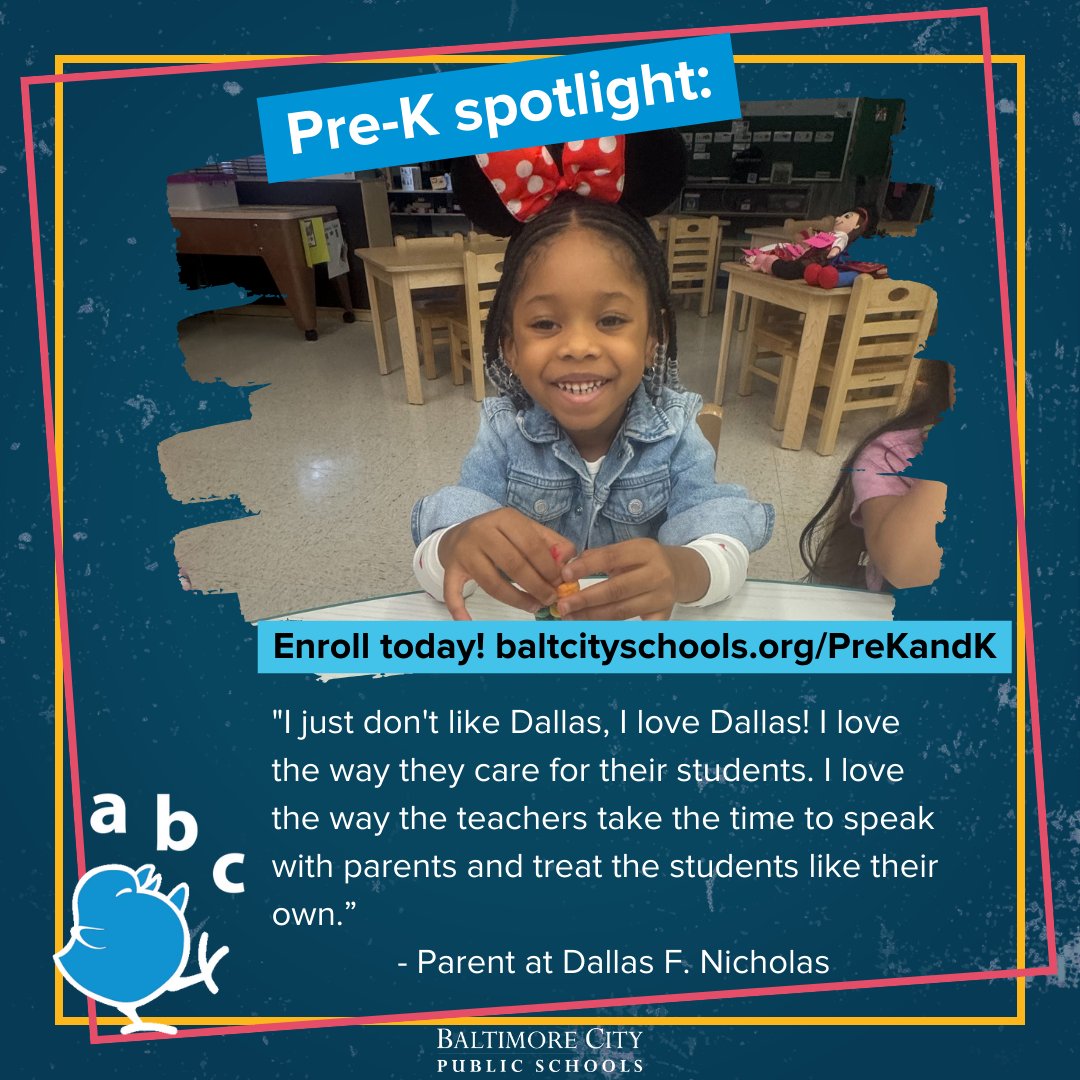 BaltCitySchools's tweet photo. Pre-K spotlight: Dallas F. Nicholas has talented teachers with up to 30 years of experience. They also offer in-house daycare for children 2+ years old, and have strong partnerships to provide families resources they may need. Make sure to enroll: https://t.co/Jyhja2etSU https://t.co/LubjZyVYGm