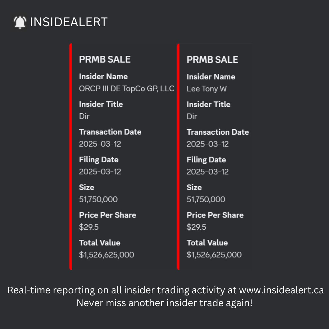 insidealertca's tweet image. On March 12, $PRMB saw two $1.5B insider sales: