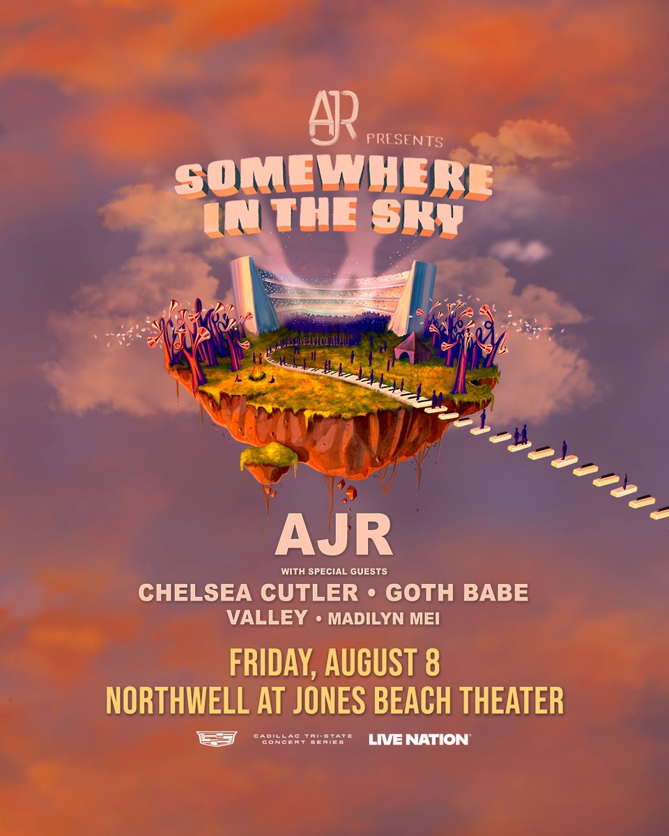 JUST ANNOUNCED: <a href="/AJRBrothers/">AJR</a> is coming to Jones Beach on August 8 for the Somewhere In The Sky Tour with <a href="/chelseacutler/">chelsea cutler</a>, <a href="/gothbabemusic/">Goth Babe</a>, <a href="/ThisIsValley/">Valley</a>, &amp; Madilyn Mei! Sign up now for the artist presale: livemu.sc/4iPSXpl 

Part of the #Cadillac Tri-State Concert Series 🤘