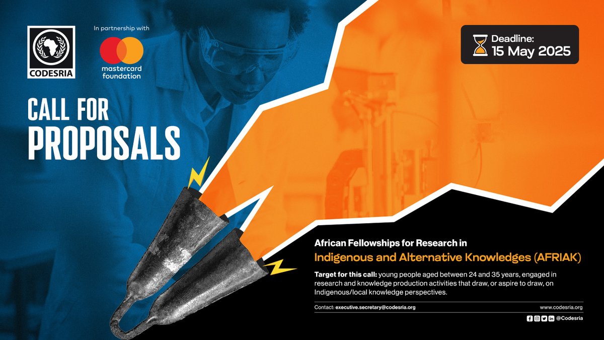 🚨 Call for Proposals – AFRIAK Fellowships 🚨
<a href="/CODESRIA/">CODESRIA</a> &amp; <a href="/MastercardFdn/">Mastercard Foundation</a> invite researchers to apply for the African Fellowships for Research in Indigenous &amp; Alternative Knowledges (#AFRIAK).
🔹 Deadline: May 15, 2025
Read the full call👉 codesria.org/call-for-propo…