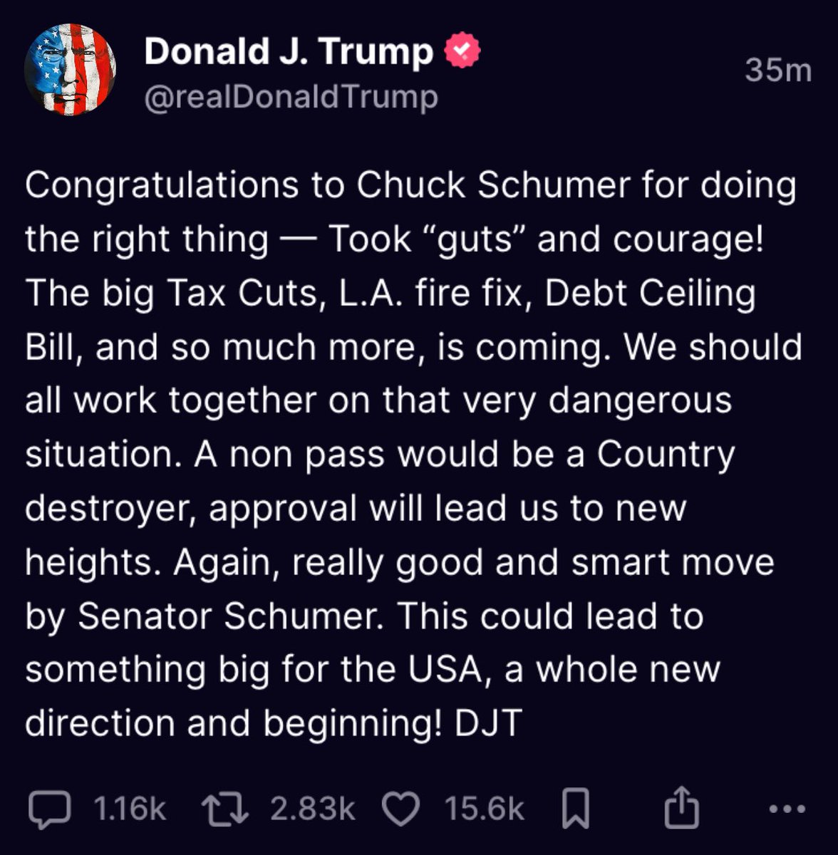 Donald Trump just congratulated Chuck Schumer on his decision to vote YES on the Republican CR.

<a href="/SenSchumer/">Chuck Schumer</a> , you are on the wrong side!