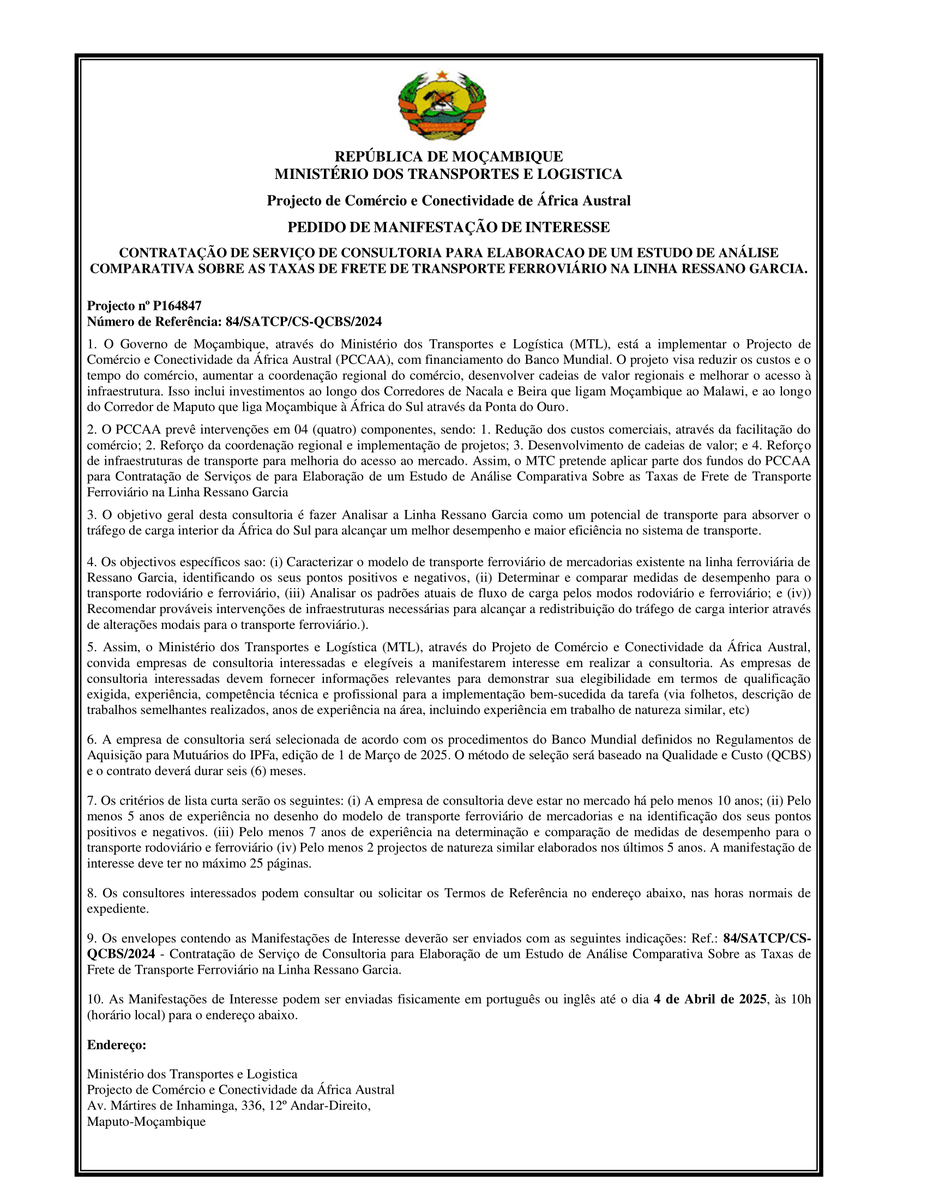 pccaamz's tweet photo. PEDIDO DE MANIFESTAÇÃO DE INTERESSE

As Manifestações de Interesse podem ser enviadas fisicamente em português ou inglês até o dia 4 de Abril de 2025, às 10h.

#Projecto #deComércio #e #Conectividade #da #ÁfricaAustral https://t.co/BFdtF4yw9n