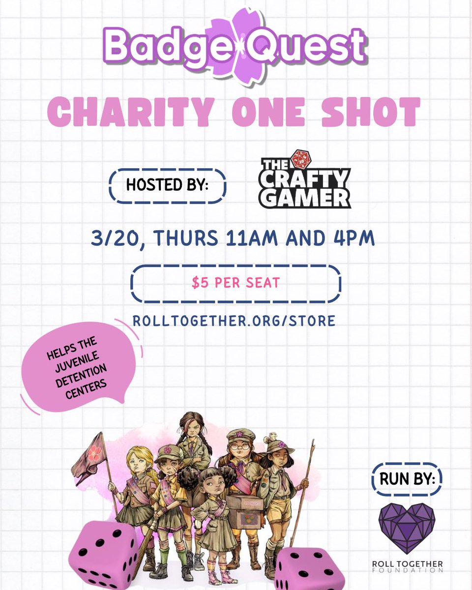 Pretending to be a Blossom Scout and solving mysteries is the perfect way to spend Spring Break! Join us as we play  BadgeQuest for our third day of charity games!

Tickets on sale at rolltogether.org/store!

#springbreak #thingstodoorlando #ttrpg #tabletop
