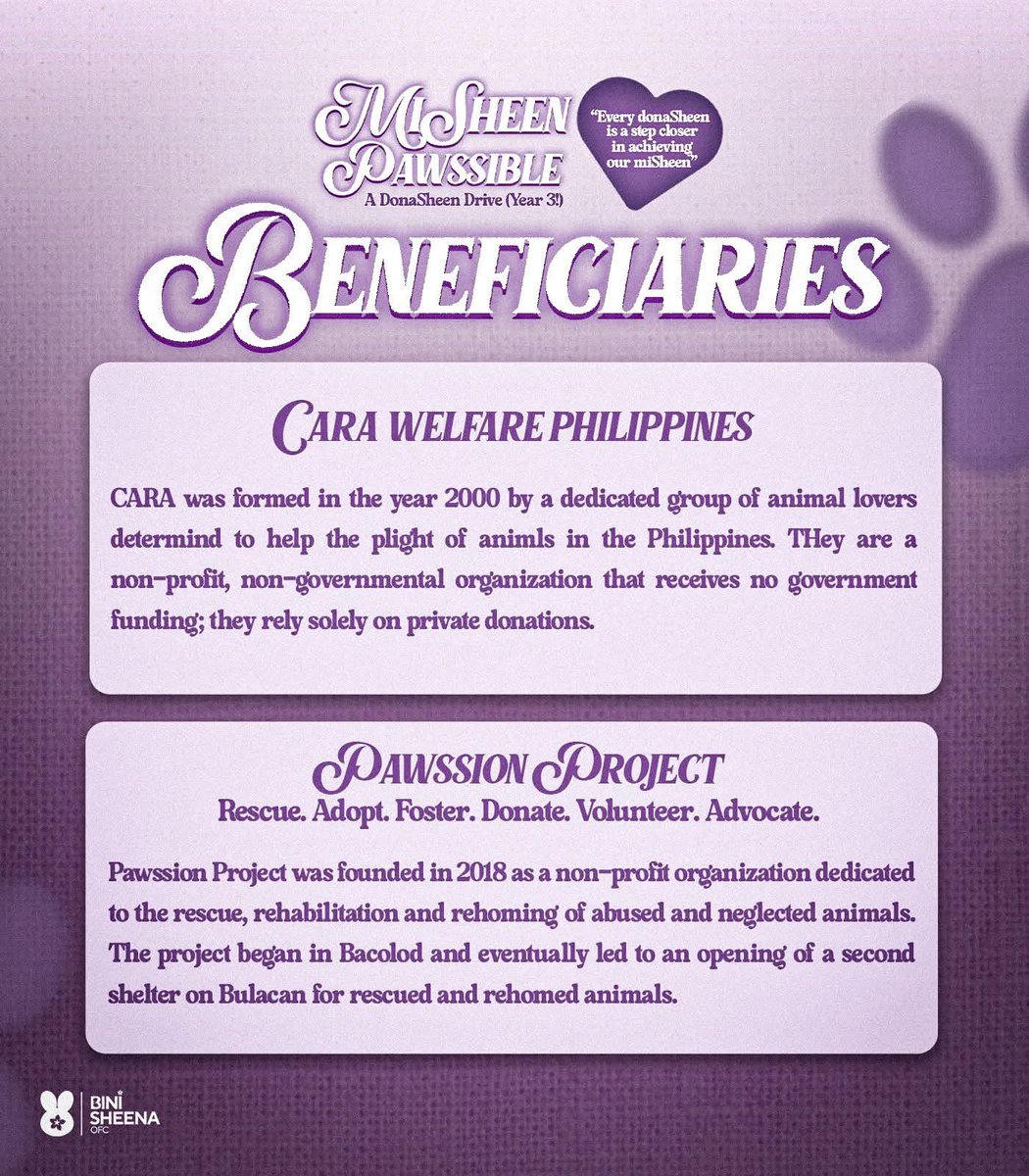 MiSHEEN PAWSsible is now on its third year! 🐾

This time, we’re not only supporting our valued charity, CARA Welfare Philippines, but also extending our help to Pawssion Project! 🐈🐕

Cats and dogs hold a special place in Sheena’s heart, and with that, we’re opening our