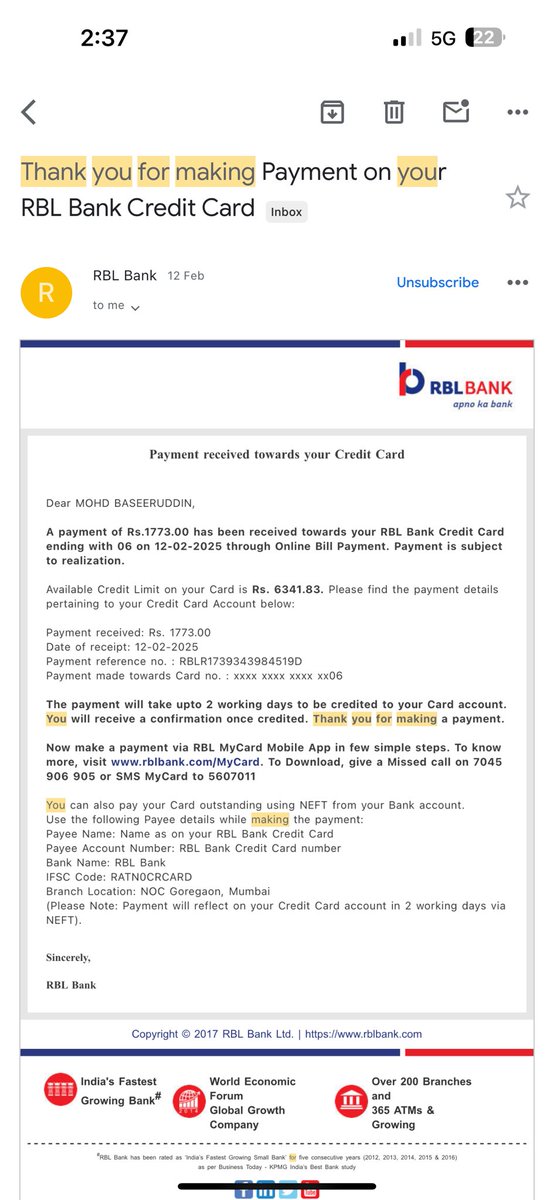 md_baseer's tweet photo. Fraud &amp; Negligence by @RBLBank!My CC limit was ₹3,89,000, now due ₹4,42,831 with random payments (₹1,666, ₹1,773, ₹4,301) I didn’t make! Despite reporting fraud  &amp; raising a dispute, bank refuses to act!@RBIsays@IndianConsumerF @Cyberdost Wheres the accountability#CyberCrime https://t.co/mZurkKVdgL