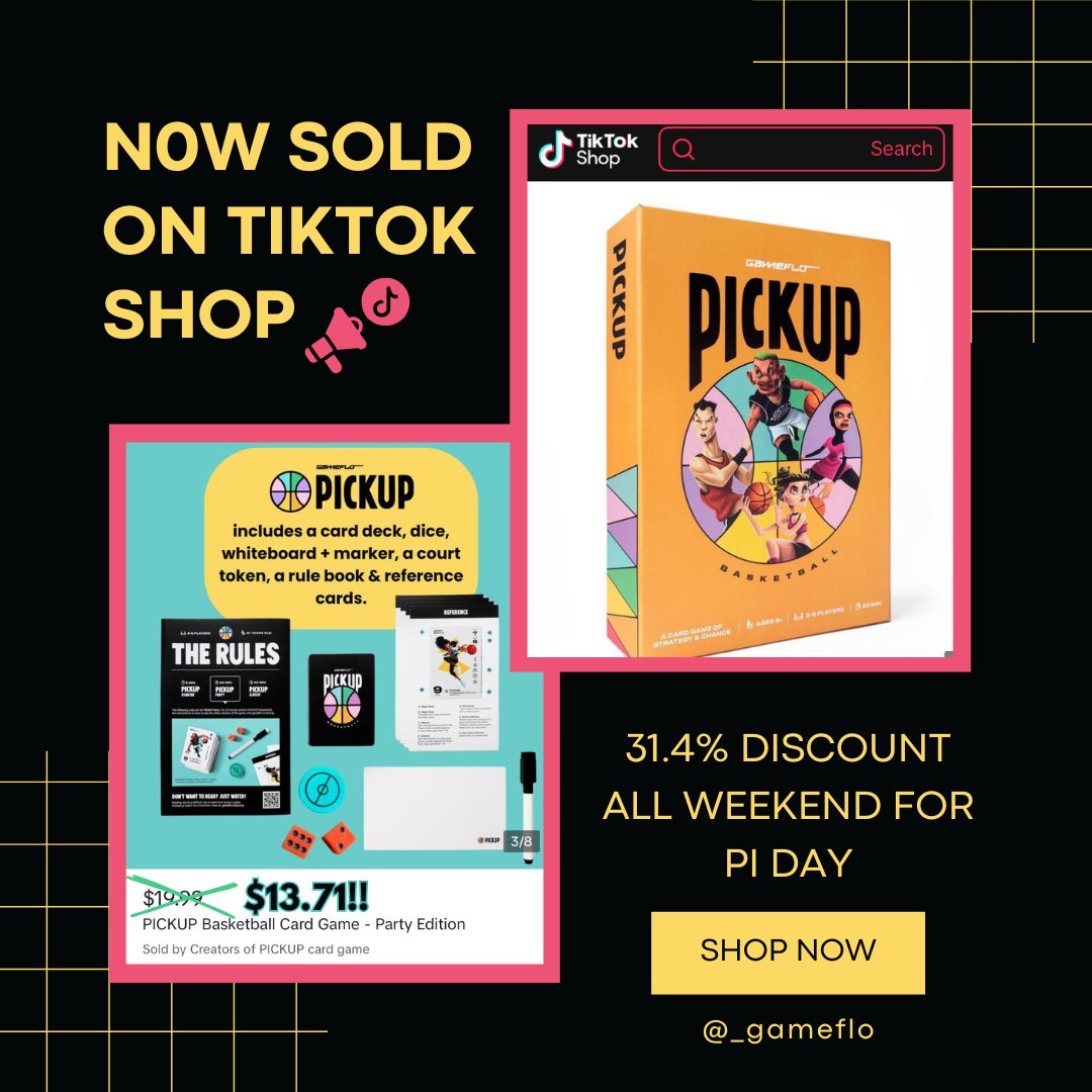 🔥 NEW SALE ALERT!!! 🔥

We just launched on TikTok Shop and we're giving away PICKUP for a 31.4% discount to celebrate Pi Day all weekend! 👏

Pop over to our shop now. 🤸‍♂️ Link: shop.tiktok.com/view/product/1…

#PiDay #BigSale #Discount #PICKUPcardgame #ShopNow