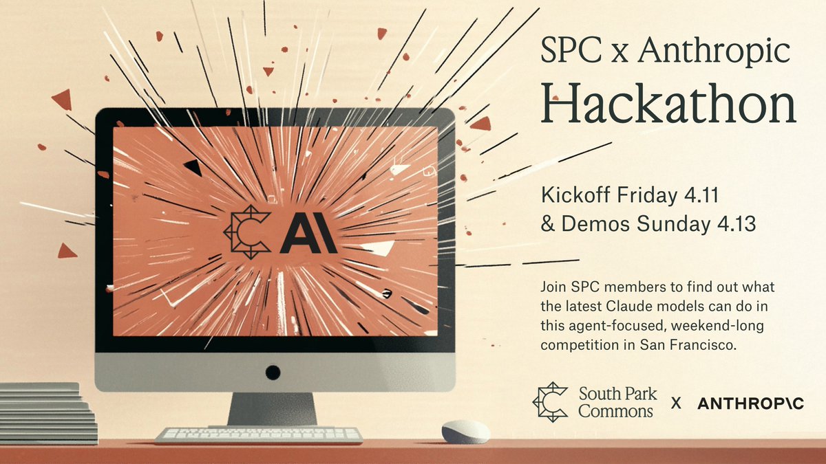 southpkcommons's tweet photo. How far will Claude go? What can you create with the latest @AnthropicAI models? We're excited to announce the agent-focused SPC-Anthropic hackathon the weekend of April 11th in San Francisco! https://t.co/yWwb3APWmb