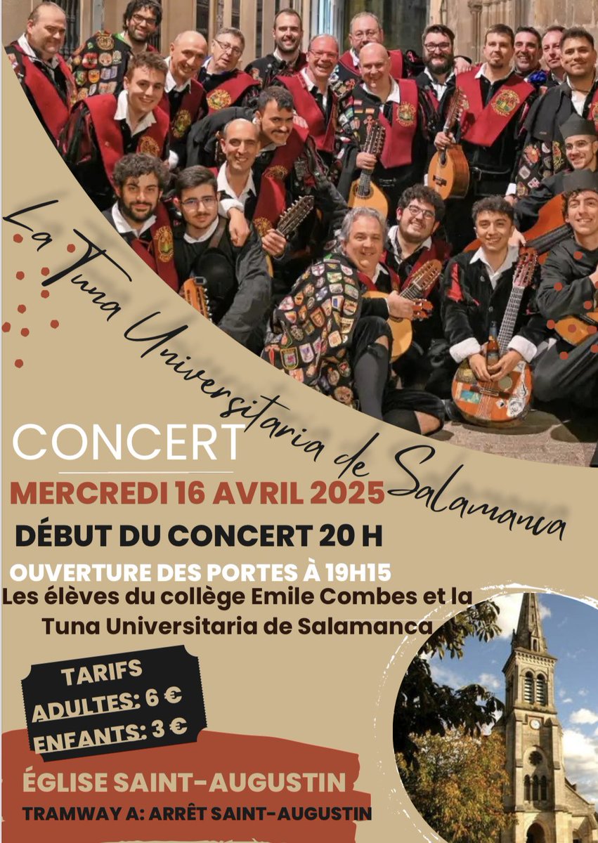 ¡La Tuna Universitaria de Salamanca viene a Burdeos! No os lo perdáis 🎶🎷🎭

📌Miércoles 16 de abril en la Église Saint-Agustin