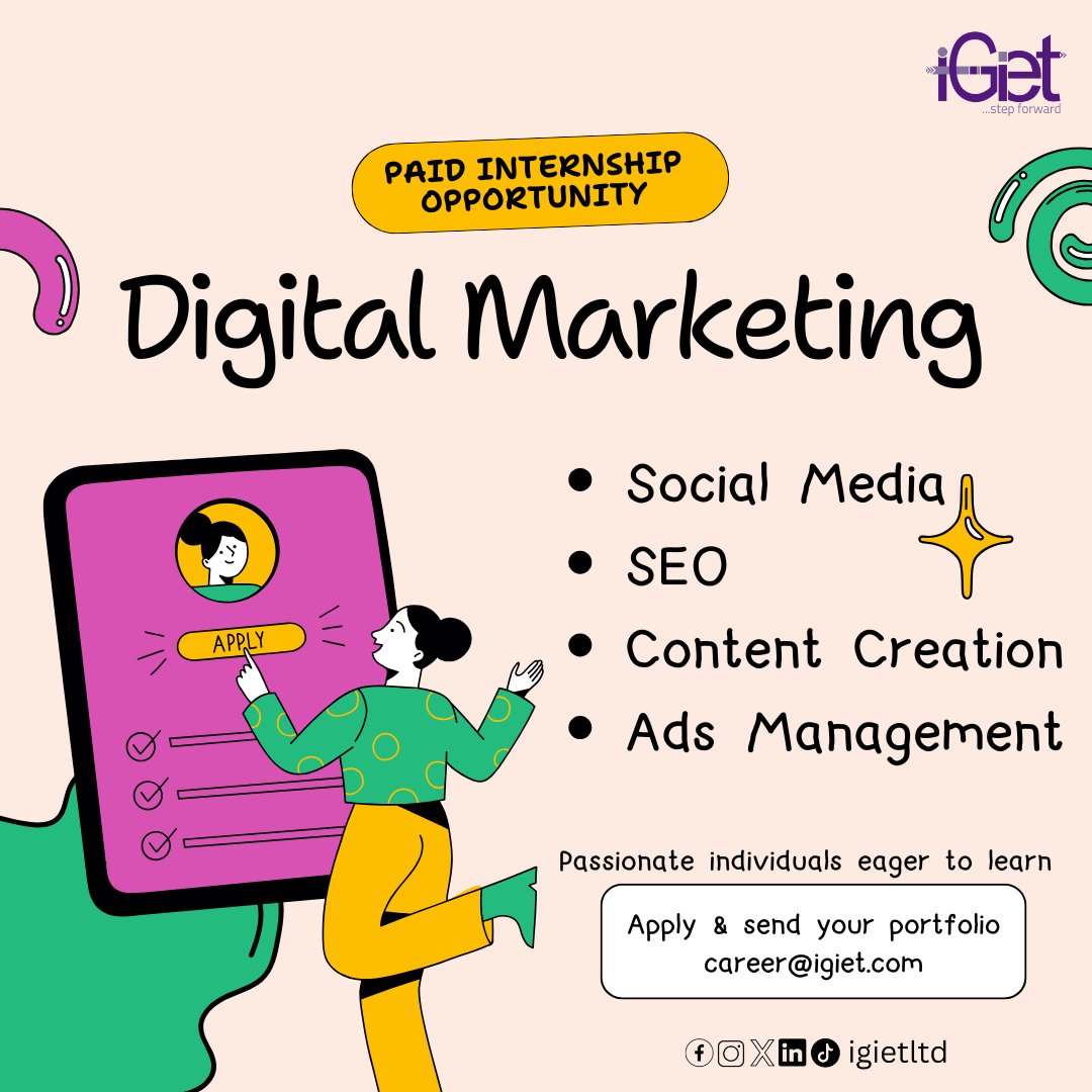 iGiet Technology is offering internship for passionate Digital Marketing enthusiasts! Gain hands-on experience in Social Media, SEO, Content Creation, etc. Location: Onsite – Port Harcourt
Apply now! Send your CV to career@igiet.com
#Internship #DigitalMarketing #JobOpportunity