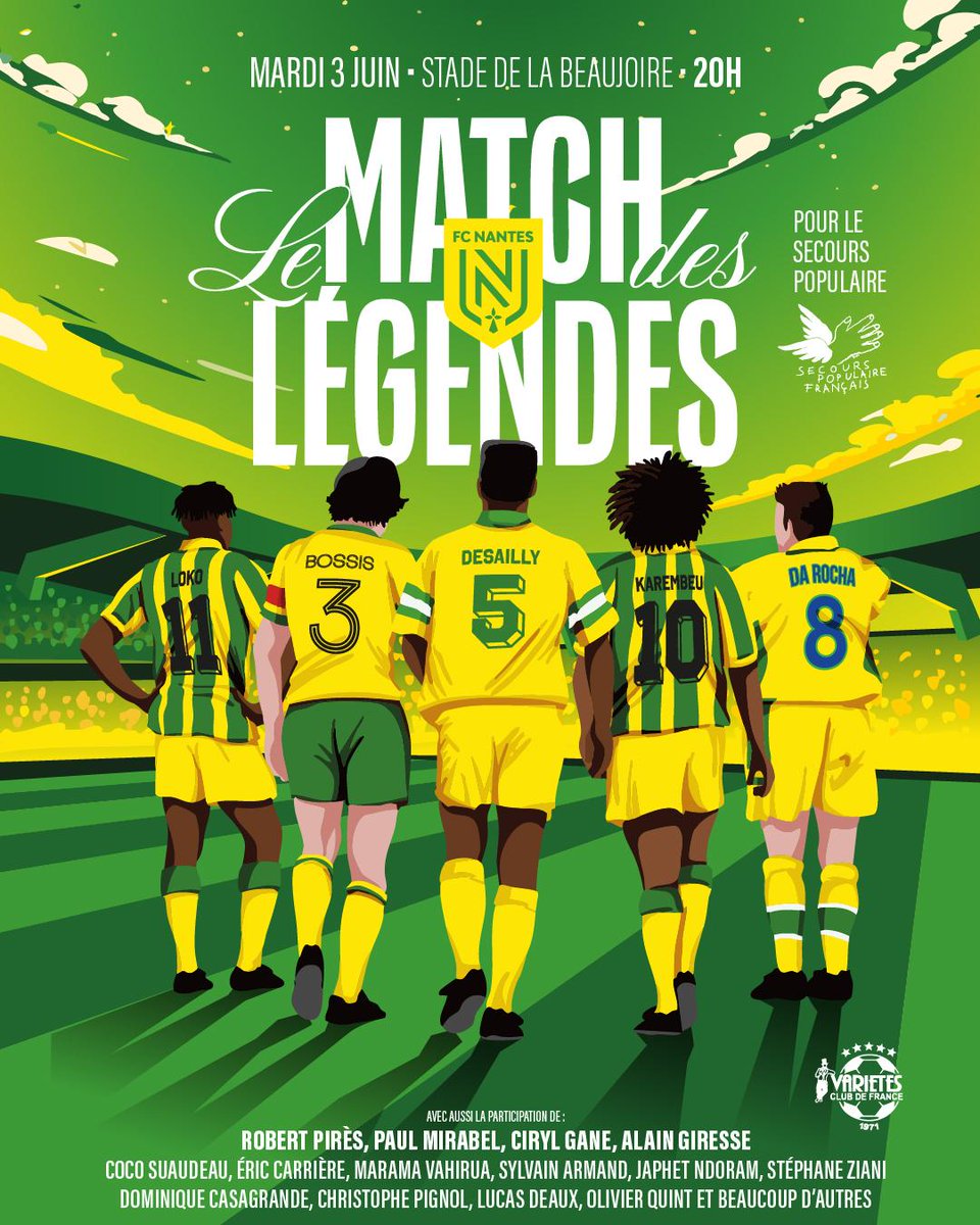 𝑳𝒆 𝑴𝒂𝒕𝒄𝒉 𝒅𝒆𝒔 𝑳𝒆́𝒈𝒆𝒏𝒅𝒆𝒔. 

Le 3 juin prochain au Stade de La Beaujoire, le FC Nantes honorera ses légendes. 

👥 De Christian Karembeu, à Marcel Desailly, en passant par Frédéric Da Rocha, de nombreux joueurs qui ont marqué l'histoire du Club se réuniront dans le