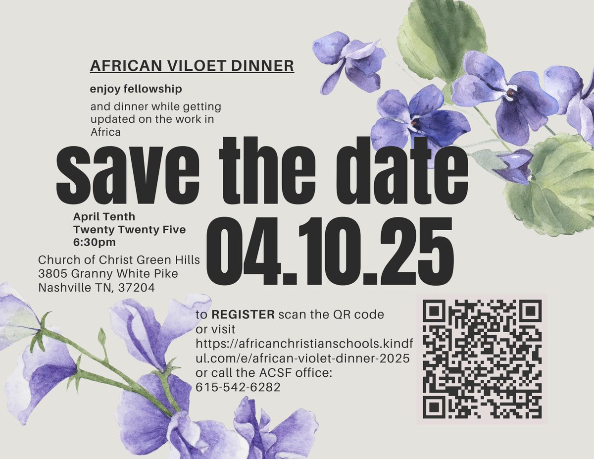 AfricanChrSch's tweet photo. Save the Date for the 2025 African Violet Dinner! - https://t.co/rfsk0JRXEo https://t.co/IQkRDGIuw7