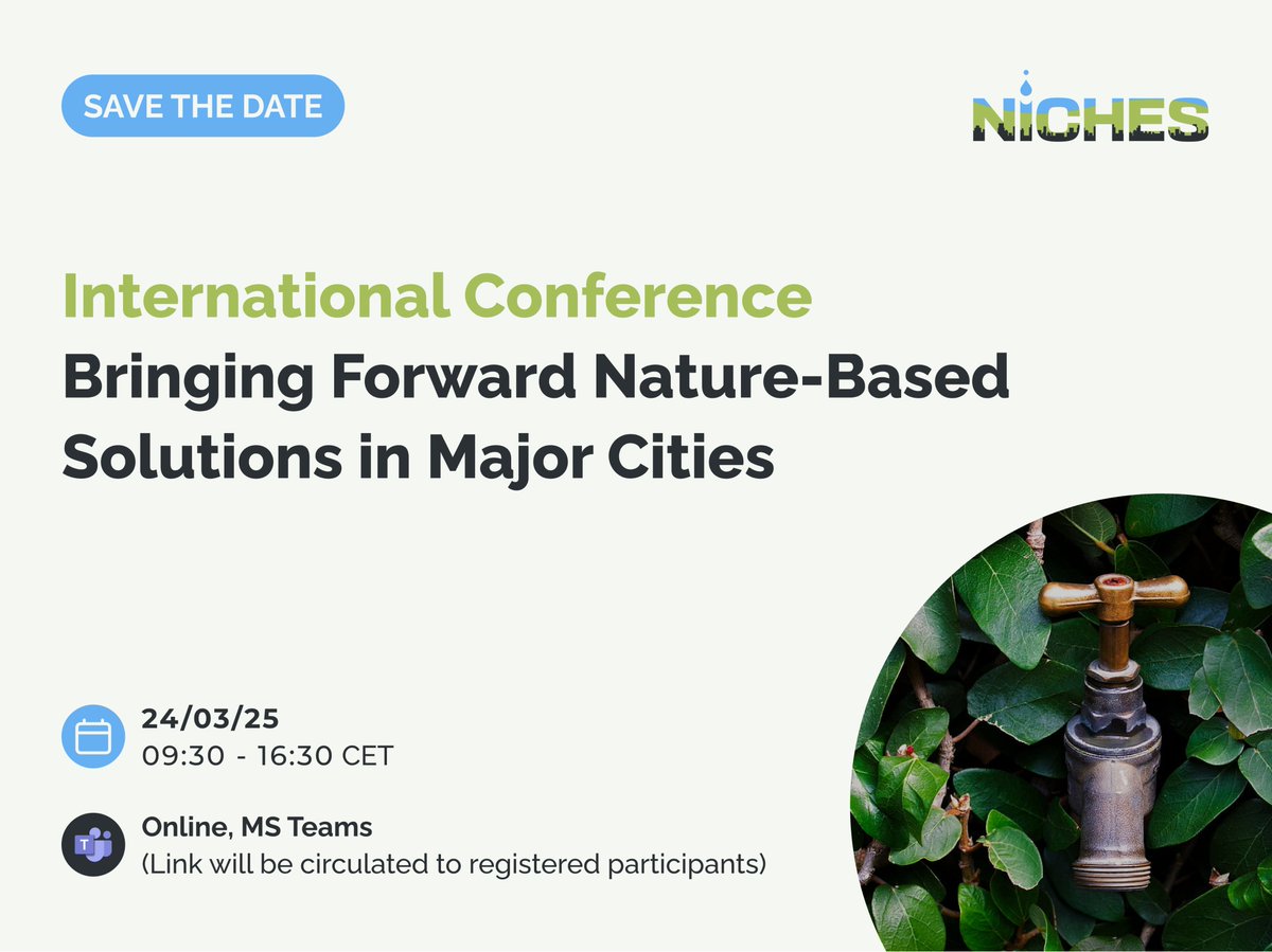 NICHES_project's tweet photo. 📢A bit over a week is left until the NICHES final conference, where we'll explore the possibilities to enhance #NBS transformations of #urban #water systems.🌿🚰
💡While we finalise the preparations, make sure to reserve your spot: https://t.co/zAsFkdJDkv https://t.co/3MEaJJZuRy