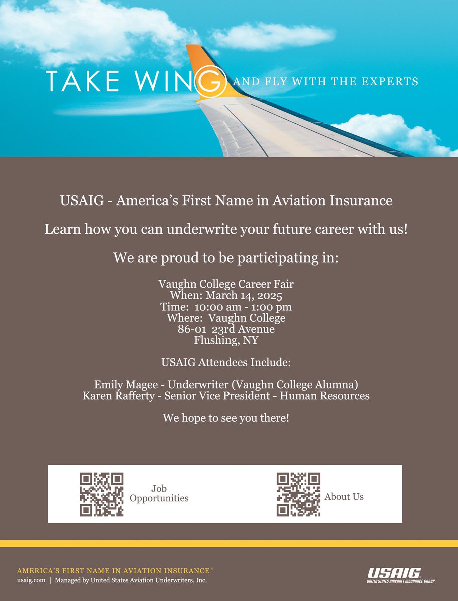 USAIG_CAIG's tweet image. Please stop by USAIG’s booth today, Friday, March 14, 2025, at the Vaughn College of Aeronautics &amp;amp; Technology career fair. Talk with USAIG’s team - Emily &amp;amp; Karen – and learn how you can #underwrite your future career with us. See attached flyer for details &amp;amp; to submit your resume