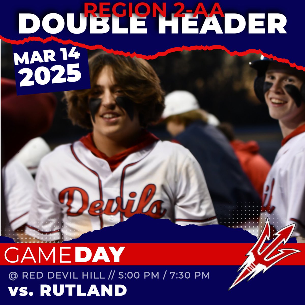jhsreddevilbas1's tweet photo. Game day! Come to Wallace Field today as we wrap up our series with the Rutland Hurricanes. First pitch is slated for 5:00. Game 2 will follow 30 minutes after the first game. Make plans to come out and support. https://t.co/0oyOCscWDF
