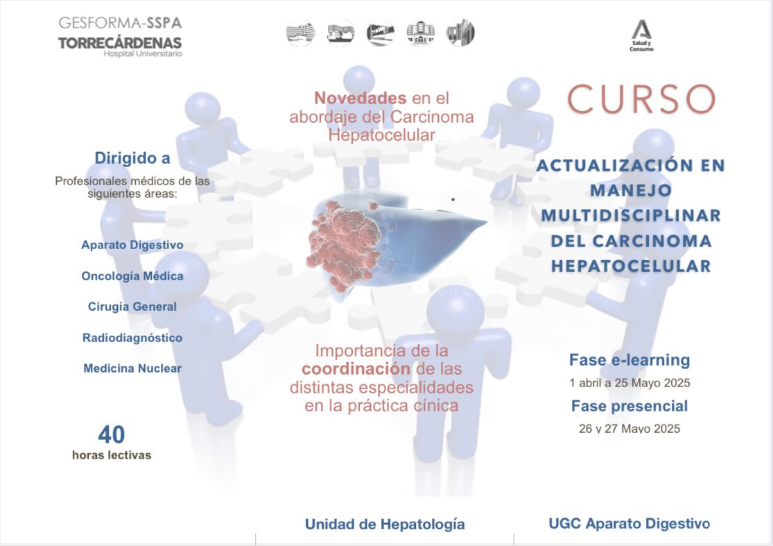 DigestivoTorrec's tweet photo. Nos complace invitaros a nuestro CURSO DE ACTUALIZACIÓN EN MANEJO MULTIDISCIPLINAR DEL CHC. 
🗓️Fase online y presencial
👩🏻‍🎓Pendiente de acreditación ACSA (40h)
👨🏻‍⚕️Orientado a profesionales interesados en formación en Hepatocarcinoma

¡Inscripción ya en Gesforma! 📣
@TorrecardenasHU https://t.co/LJk5WjC1w5