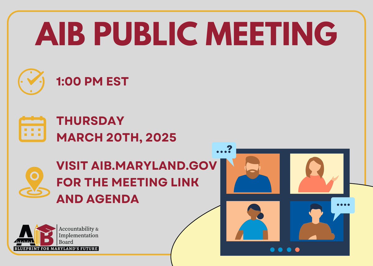 MDBlueprintAIB's tweet photo. Join us for the next AIB Public Meeting virtually on Thursday, March 20th, at 1PM EST. For more information on public comment &amp; meeting agenda, visit https://t.co/uKNP6PREUW. 

#AIB #BlueprintInAction #Blueprint4MD https://t.co/OjkicWE0bw