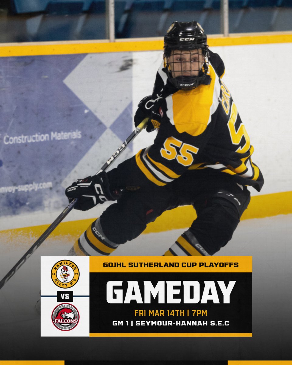 The #GOJHL Sutherland Cup Playoffs start TONIGHT on the road and will return home for game two TOMORROW. 

As always the Kilty B's have ONE GOAL.

#GOJHL | #HamONT