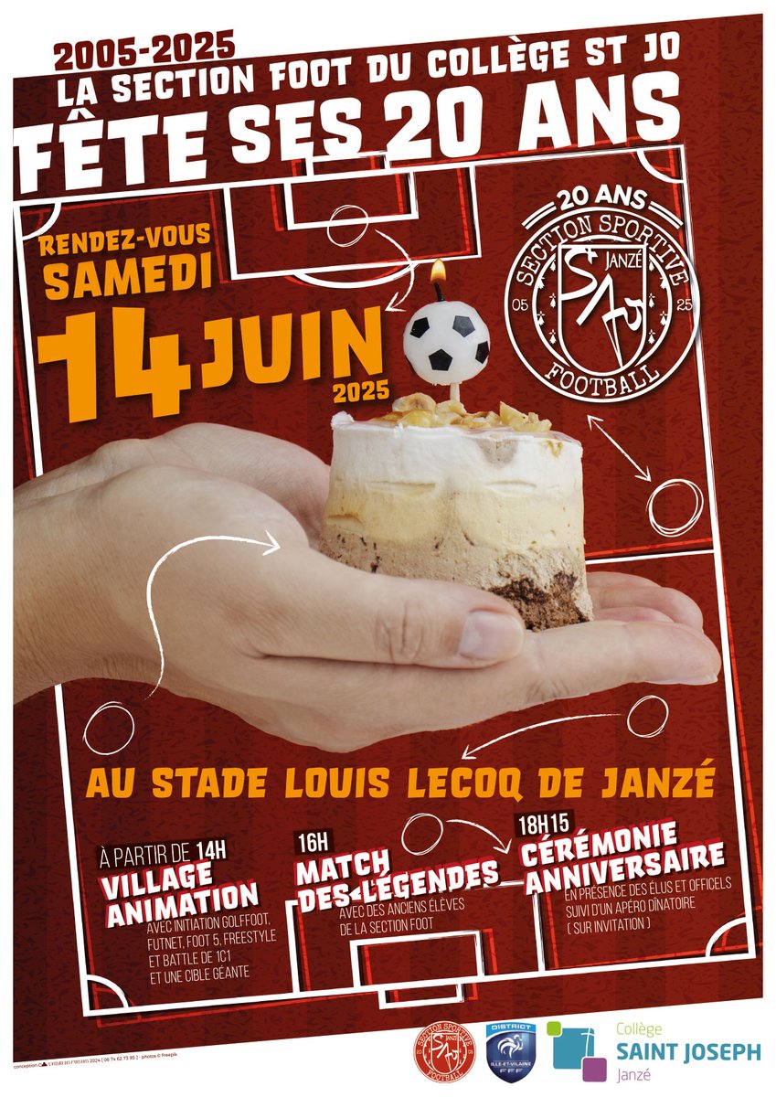 [PPF]
Section Sportive Football Janzé (6ème-3ème) ❤️🤍

A vos agendas :
La Section Foot fête son 20ème anniversaire le samedi 14 juin 2025 au stade Louis Lecoq de Janzé 🤗🎉🍾

Venez nombreux !!! 🥰

@KervellaYann1 <a href="/DistrictFoot35/">District 35</a>