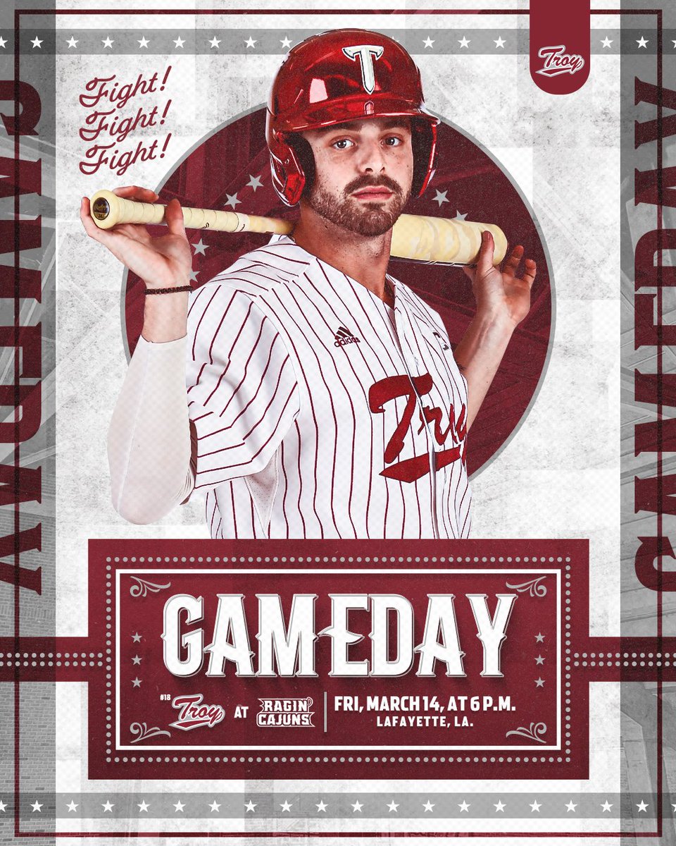 𝐆𝐀𝐌𝐄𝐃𝐀𝐘 in the 🥾

🆚 » Louisiana
📍 » Lafayette, La.
🏟️ » M.L. "Tigue" Moore Field
⏰ » 6 p.m.
📺 » gotroy.us/jyu
📻 » gotroy.us/yzl
📊 » gotroy.us/dhe

#WTD | #OneTROY⚔️⚾️