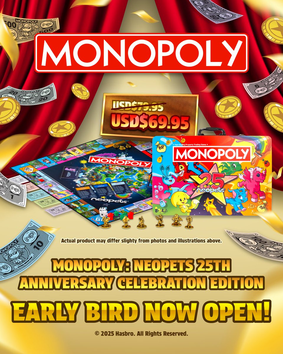 Neopets's tweet photo. 🎲 Monopoly: Neopets 25th Anniversary Celebration Edition is here! 🎲

Where Neofriends become rivals, this special edition of Monopoly will see you vie for iconic lands across Neopia, encounter familiar characters, and reign supreme leader - wait, is this Dr. Sloth?!

2,000 Limited Edition copies will be available for pre-sale from March 14 with a special early-pteri price until March 31, with every box including exclusive in-game rewards!

Don’t just play the game, own it!
➡️ https://t.co/dqOPQ8dn0X

📖 Learn more about the launch here: https://t.co/O1m6aAL42p
 
#Neopets #Monopoly #Neopets25 #LimitedEdition #BoardGames #FriendshipTested #VirtualPrizes #Neopia