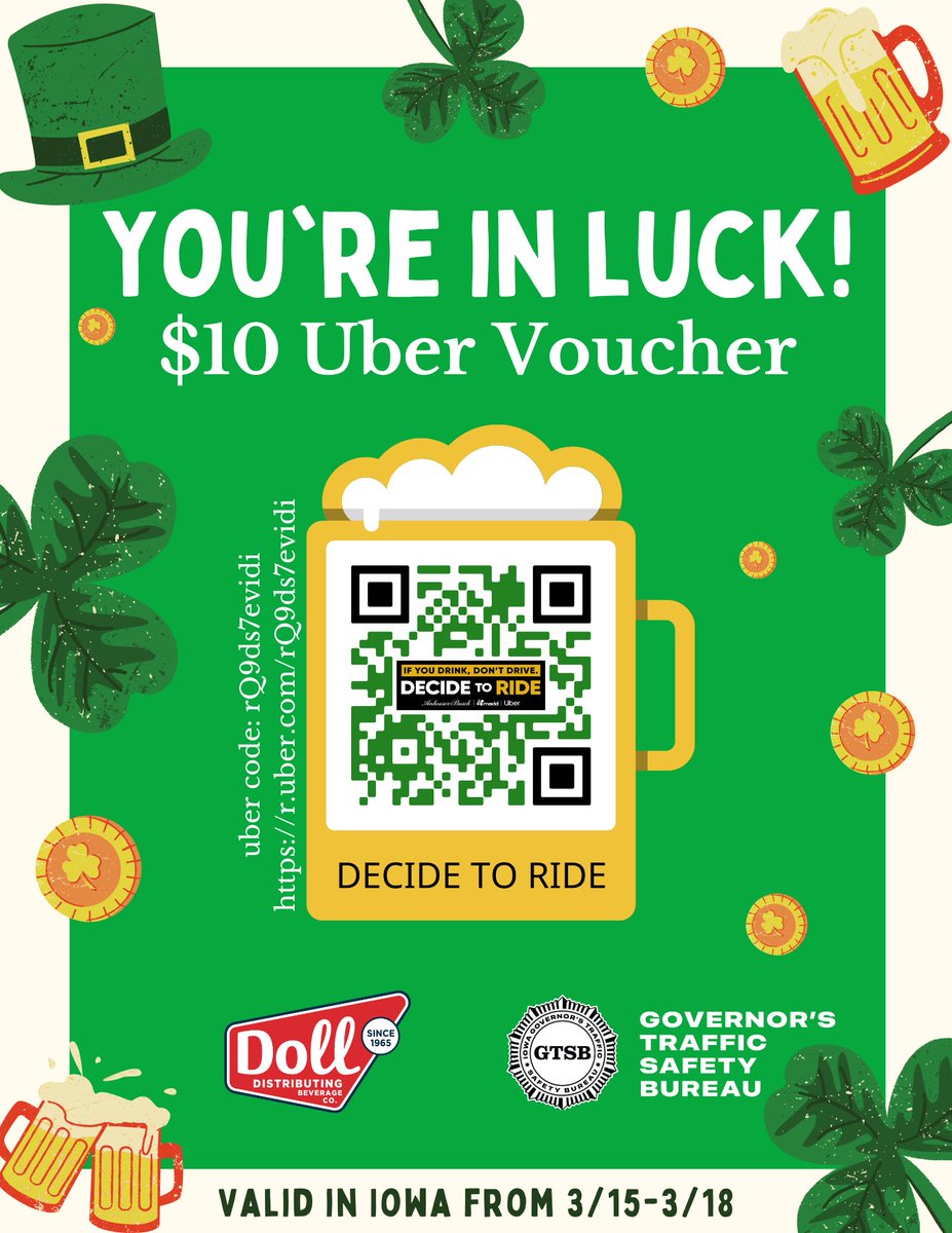 Going out for the St. Patty’s holiday and want to show off your rizz? Grab a $10 Uber voucher on us and the <a href="/IowaGTSB/">Iowa GTSB</a> to make sure you get a safe ride home r.uber.com/rQ9ds7evidi #decidetoride